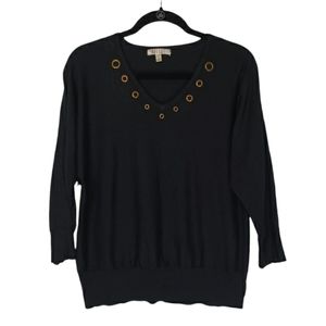 VTG SPENSE Gold Grommet V-Neckline 3/4 Sleeve Black Knit Stretchy Top Large